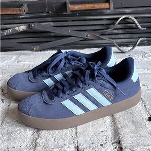 adidas Navy Suede Sneakers with Light Blue Stripes and Brown Sole